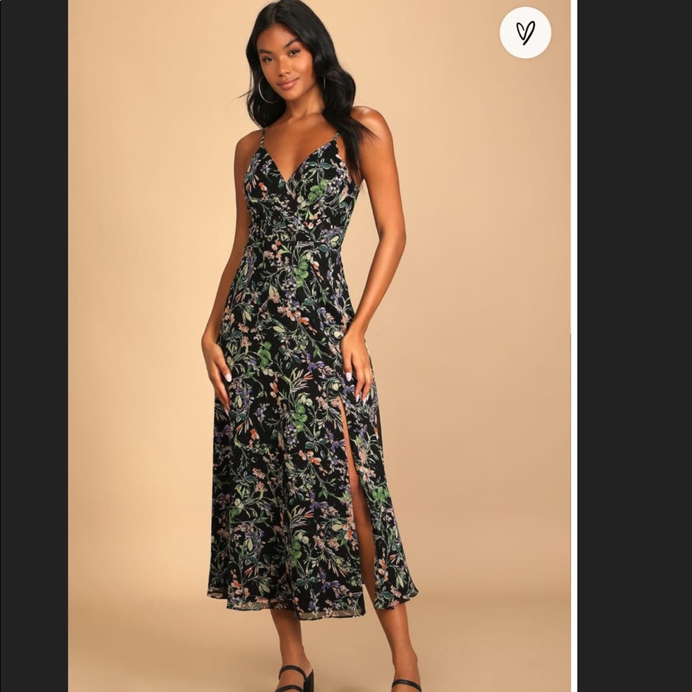 Lulus Black Multi Floral Print Midi Dress BNWT